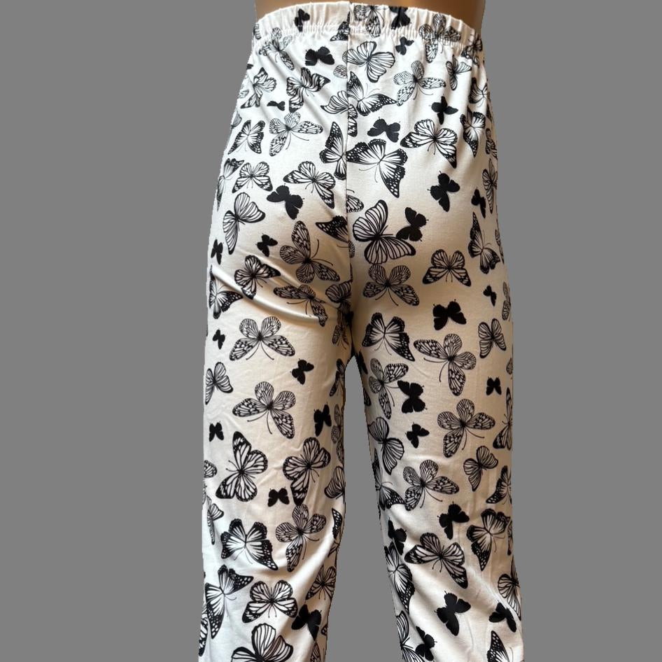 White leggings with black butterfly design, full length