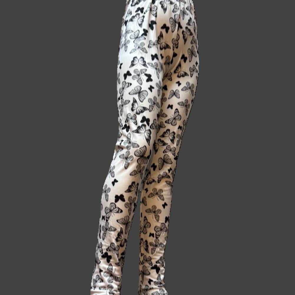 White leggings with black butterfly design, full length