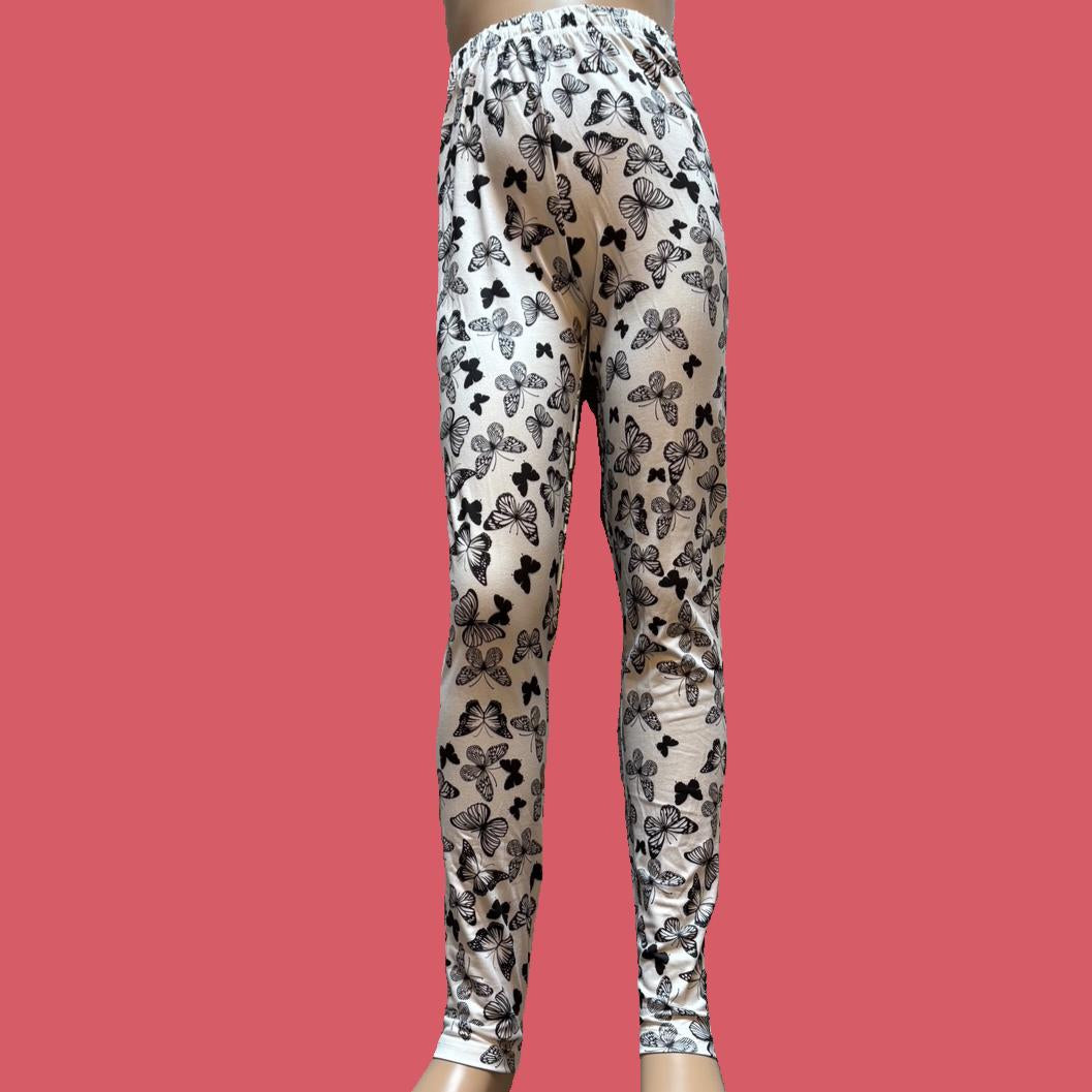 White leggings with black butterfly design, full length