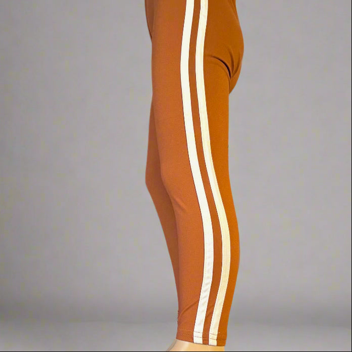 Brown full length leggings with double white side stripe