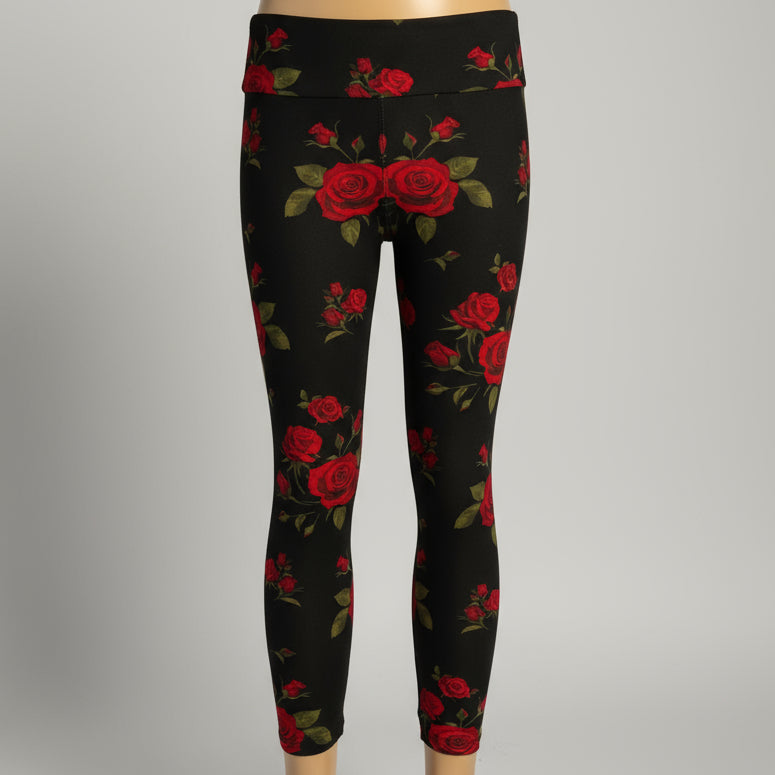 Red rose on black leggings