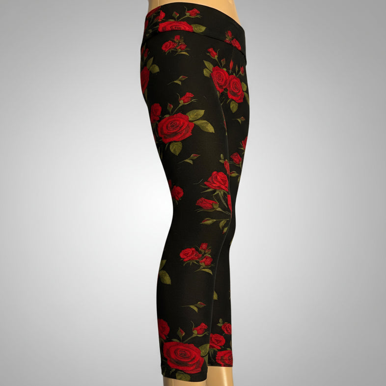 Red rose on black leggings