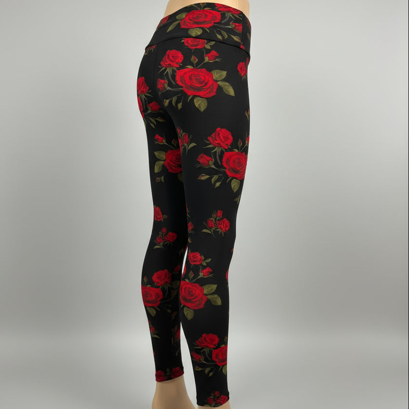 Red rose on black leggings