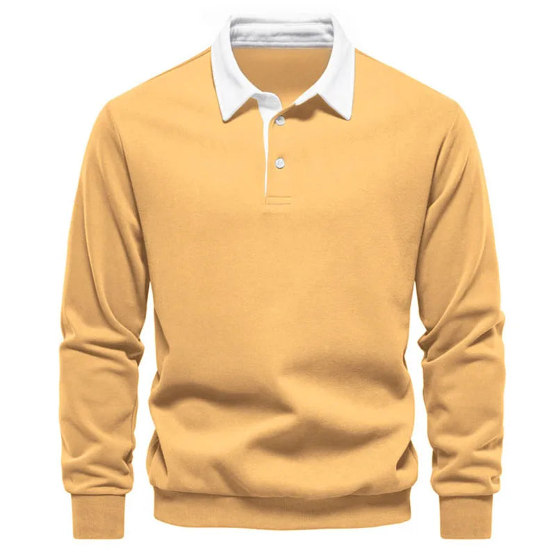 Men's Polo Collar Sweatshirt Shirt - Loose Long Sleeve Solid Color, Button-Down, Casual Pullover Top