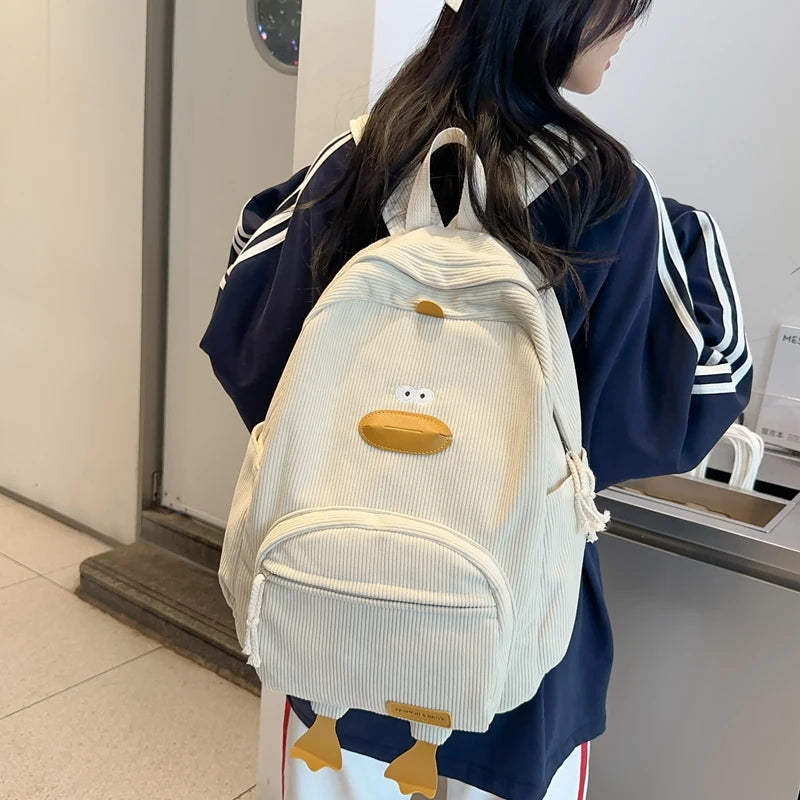 Personalized Kids Backpack Cartoon Duck Corduroy Backpack Aesthetic School bag Large Capacity Cute Plush Bookbag for Teen Girls