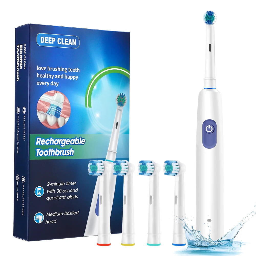 Electric Smart Rotating Timing Toothbrush, Rechargeable Rotary Toothbrush with 4 Heads, 5 Modes Setting Teeth Whitening Oral Car