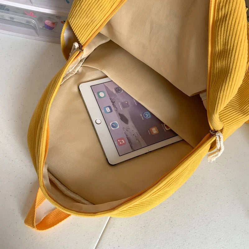 Personalized Kids Backpack Cartoon Duck Corduroy Backpack Aesthetic School bag Large Capacity Cute Plush Bookbag for Teen Girls