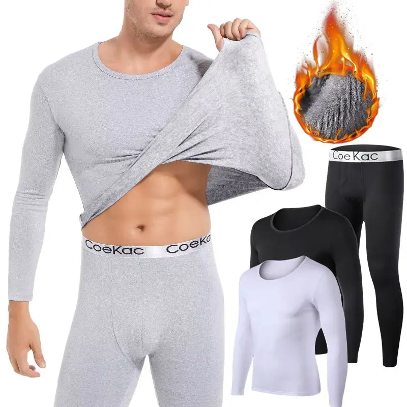 Mens Underwear Winter Long Sleeve Thermal Underwear Thick Fleece T-shirt Round Neck Slim Bottoming Shirt and Pants White