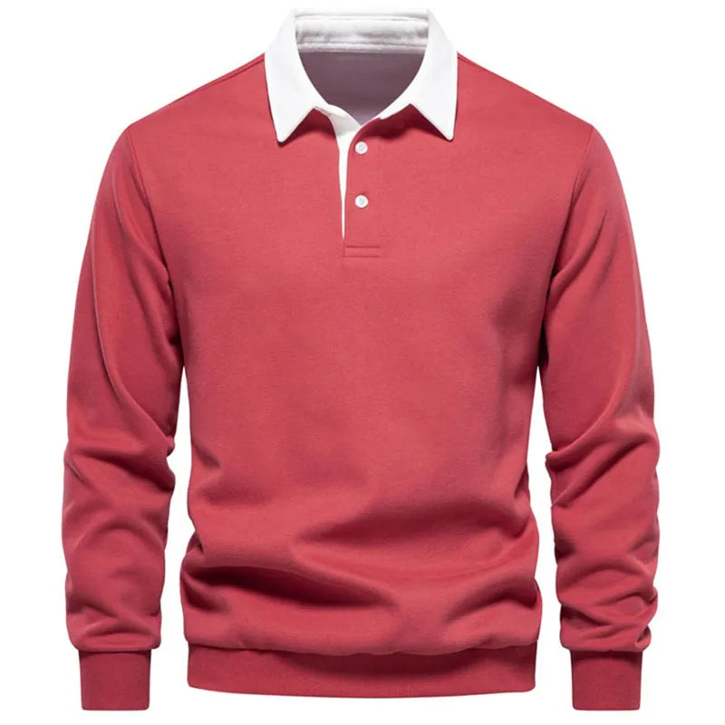 Men's Polo Collar Sweatshirt Shirt - Loose Long Sleeve Solid Color, Button-Down, Casual Pullover Top