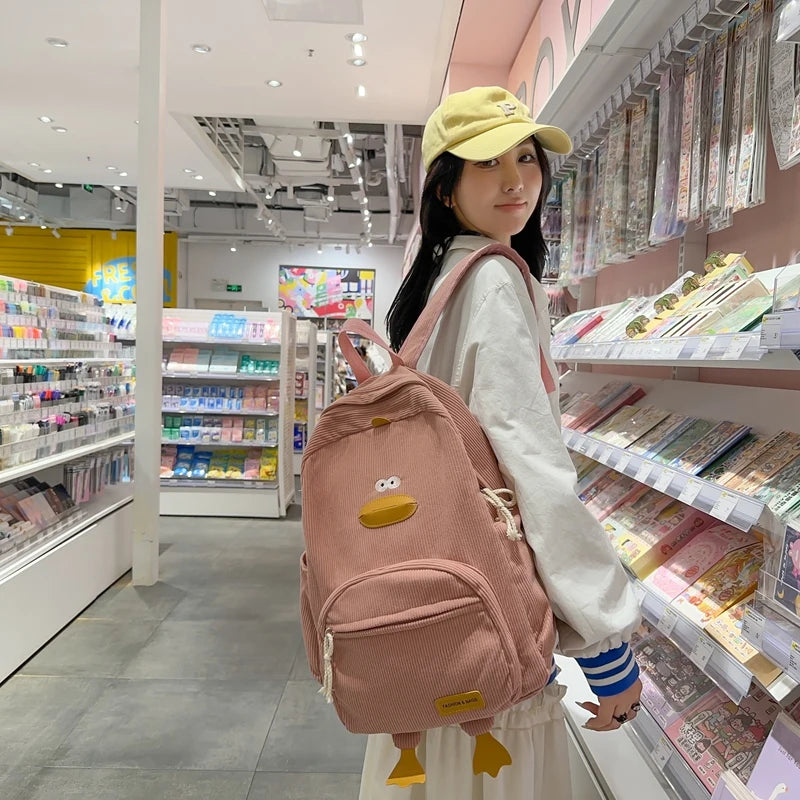 Personalized Kids Backpack Cartoon Duck Corduroy Backpack Aesthetic School bag Large Capacity Cute Plush Bookbag for Teen Girls