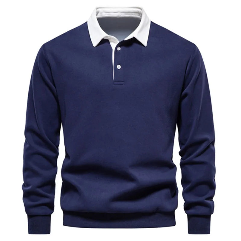 Men's Polo Collar Sweatshirt Shirt - Loose Long Sleeve Solid Color, Button-Down, Casual Pullover Top