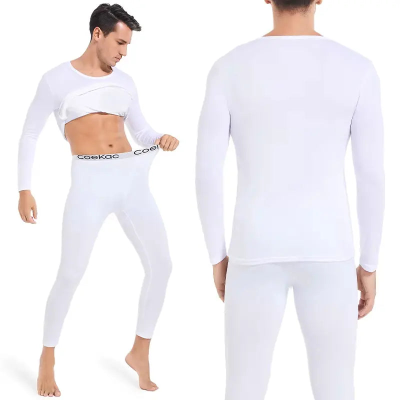Mens Underwear Winter Long Sleeve Thermal Underwear Thick Fleece T-shirt Round Neck Slim Bottoming Shirt and Pants White