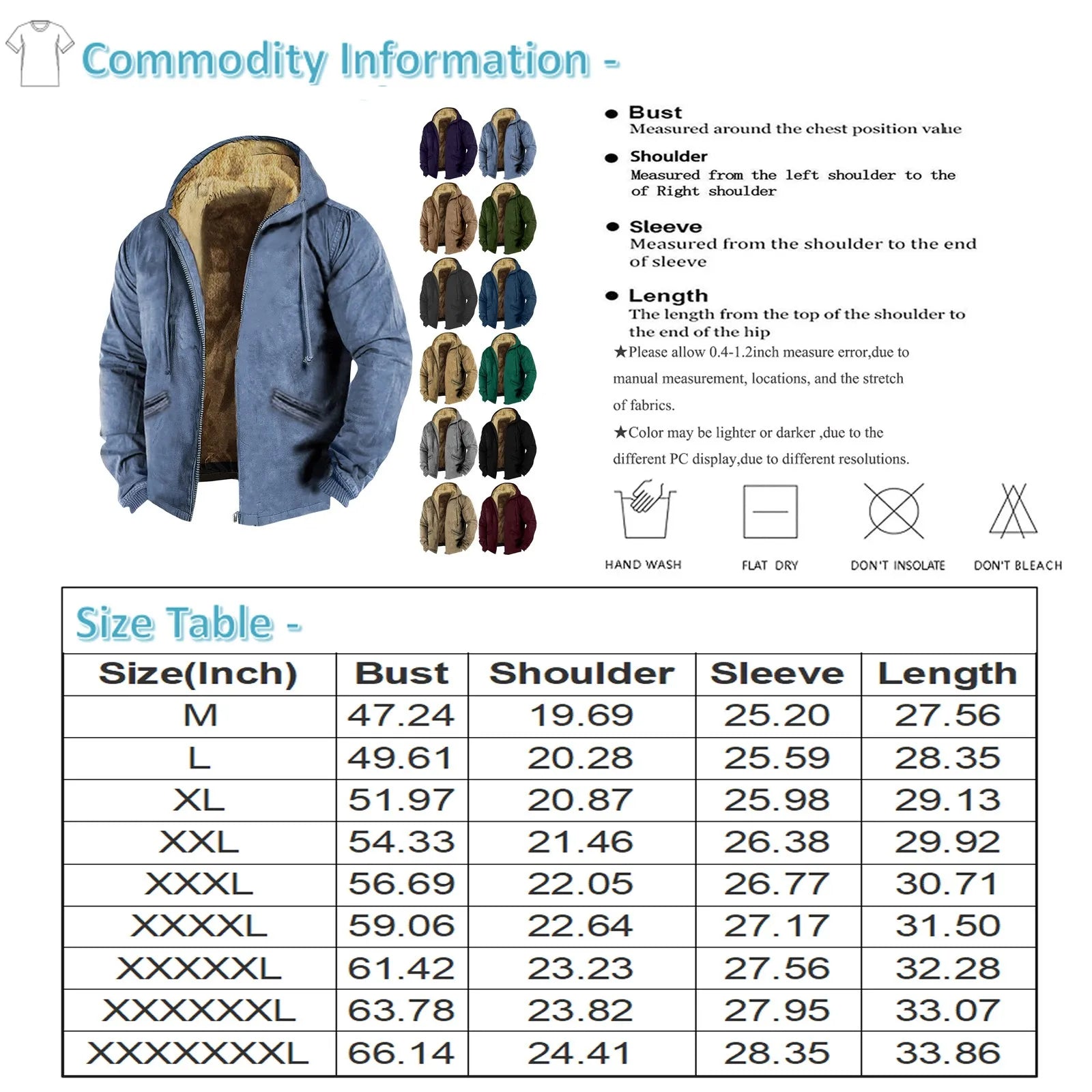Men's Fall And Winter Thicken Solid Color Jacket Casual Basics Trend Warm Zipper Hooded Jacket