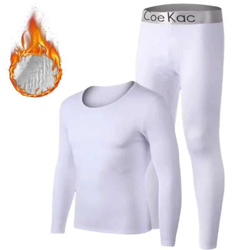 Mens Underwear Winter Long Sleeve Thermal Underwear Thick Fleece T-shirt Round Neck Slim Bottoming Shirt and Pants White