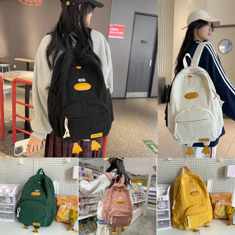 Personalized Kids Backpack Cartoon Duck Corduroy Backpack Aesthetic School bag Large Capacity Cute Plush Bookbag for Teen Girls