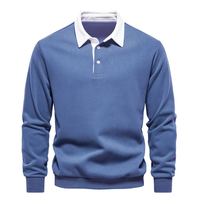 Men's Polo Collar Sweatshirt Shirt - Loose Long Sleeve Solid Color, Button-Down, Casual Pullover Top