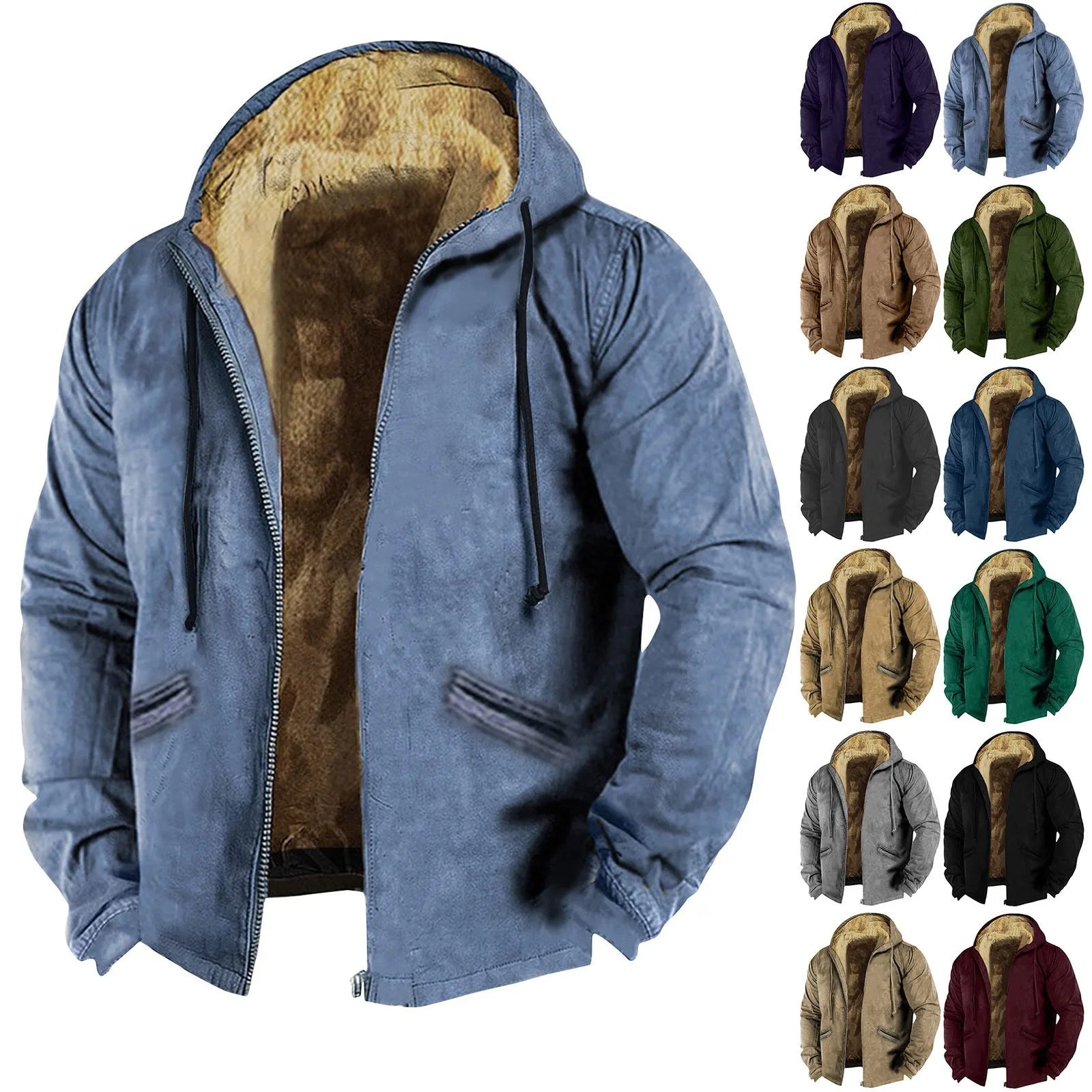 Men's Fall And Winter Thicken Solid Color Jacket Casual Basics Trend Warm Zipper Hooded Jacket