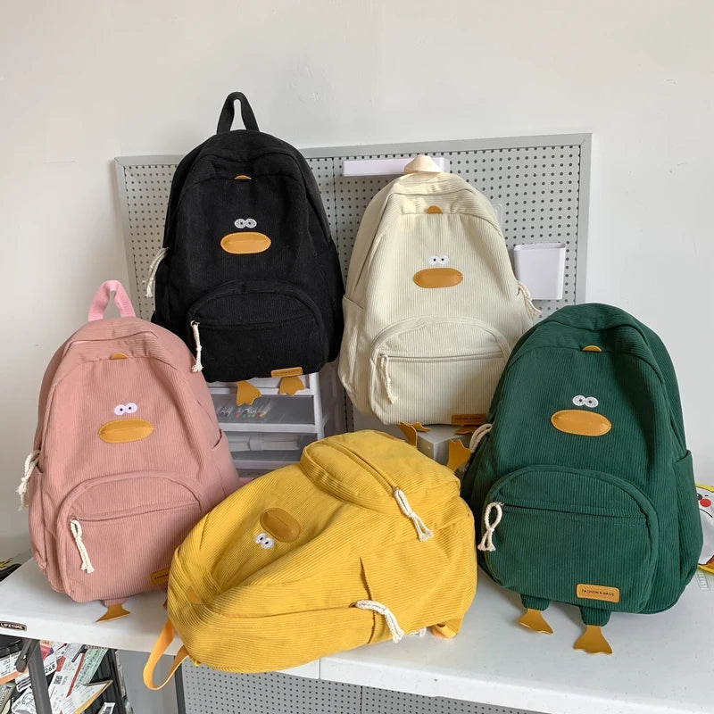 Personalized Kids Backpack Cartoon Duck Corduroy Backpack Aesthetic School bag Large Capacity Cute Plush Bookbag for Teen Girls