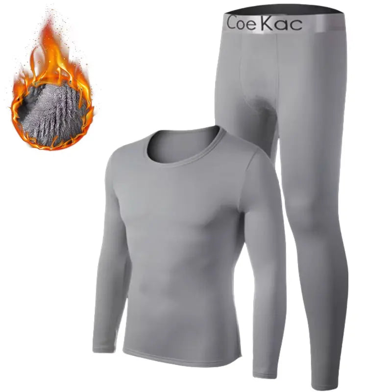 Mens Underwear Winter Long Sleeve Thermal Underwear Thick Fleece T-shirt Round Neck Slim Bottoming Shirt and Pants White