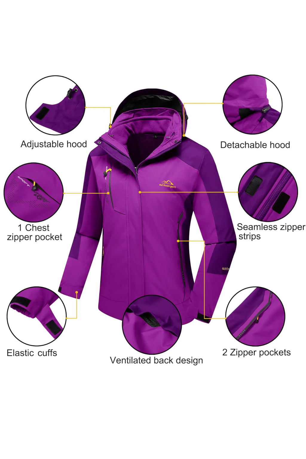 Women's 3-IN-1 Jackets Waterproof Fleece Jacket Outdoor Windproof Skiing Snowboarding Coat Hiking Jackets Parka Hodded Coats
