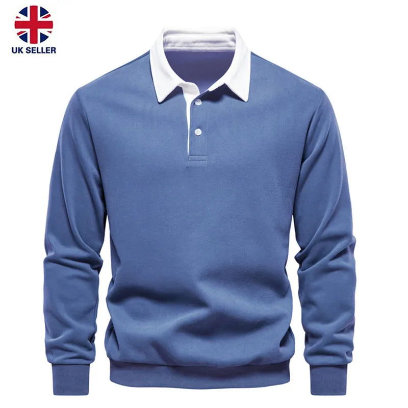 Men's Polo Collar Sweatshirt Shirt - Loose Long Sleeve Solid Color, Button-Down, Casual Pullover Top