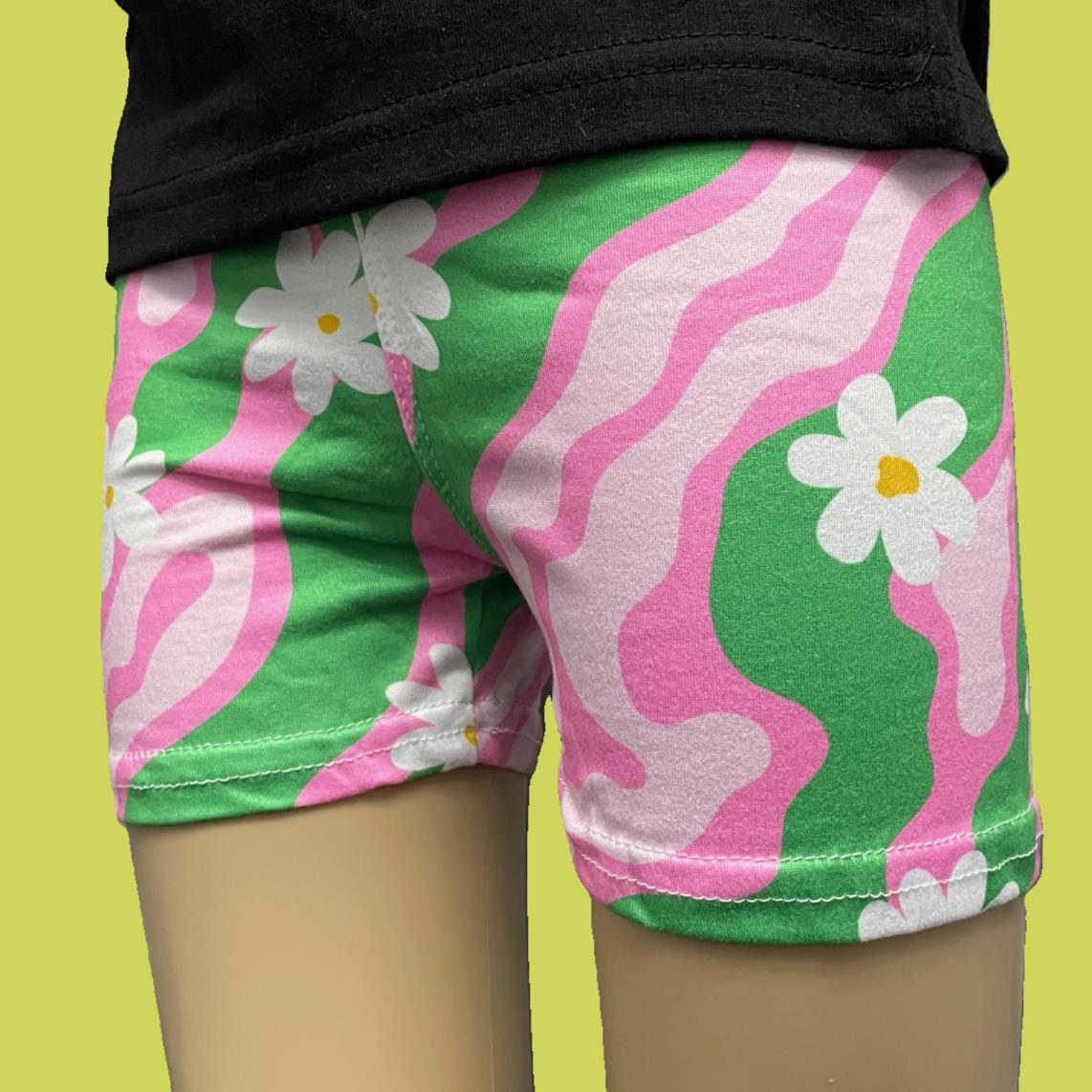 Girls cute pink & green daisy design summer shorts