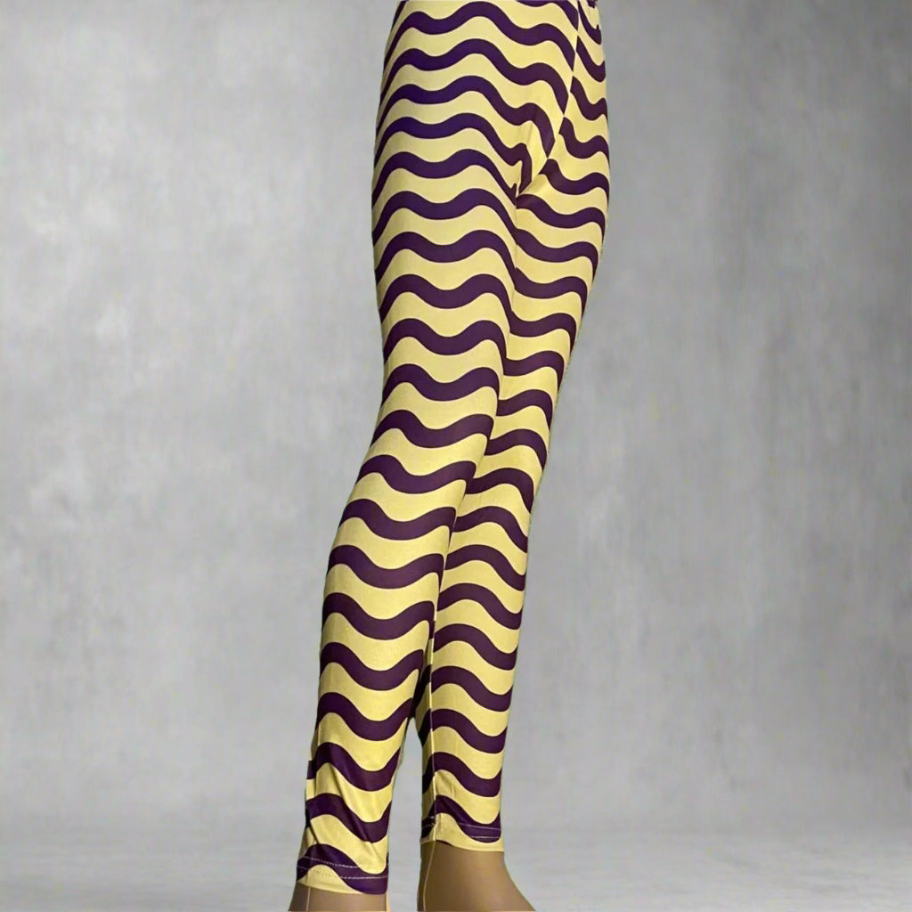 Purple and yellow squiggles design full length stretch leggings